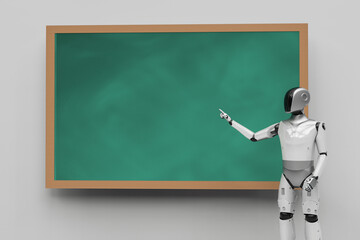 Humanoid robot or ai cyborg standing at blackboard