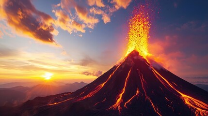 Volcanic landscapes concept. A stunning eruption of a volcano against a vibrant sunset sky, showcasing nature's power.