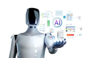 Ai technology with humanoid robot with hud graphic interface