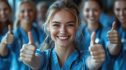 A group of European female health professionals in scrubs, smiling and giving thumbs up. Their positive spirit reflects teamwork and dedication to healthcare.