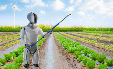 Agriculture technology concept with robotic arm spray fertilizer on field