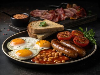 Classic English breakfast, Two fried eggs on toast Baked beans Grilled tomato Sausages Rashers of bacon 