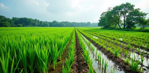 Obraz premium Wet fields with crops and trees in the background, wet land, farm life