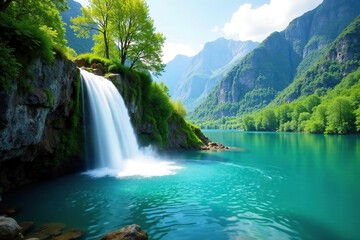 Fototapeta premium Waterfall cascading into turquoise lake amidst mountains, peaceful, waterfall