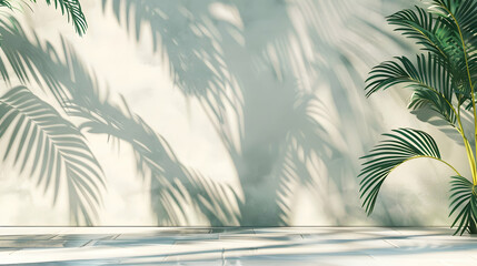 Lush green palm leaves casting intricate shadows on a light-colored wall in a serene indoor setting