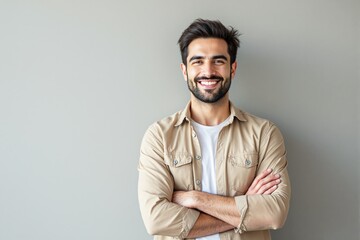 Fototapeta premium Smiling man in casual beige shirt with arms crossed against gray background.
