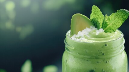 Refreshing avocado smoothie garnished with mint and ice in mason jar