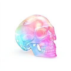 Fototapeta premium Colorful translucent skull sculpture, displaying a captivating blend of hues on a pure white background. Perfect for artistic and conceptual designs.