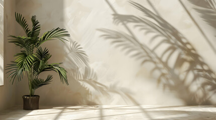 Lush green potted plant casting intricate shadows on a softly lit beige wall in a serene interior