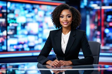 Confident news anchor sitting at a modern news desk in a studio.