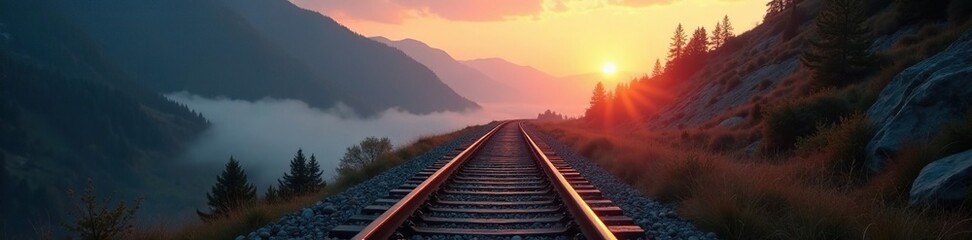 Fototapeta premium Rail trail disappearing into the mountains at dawn, railroad, misty terrain
