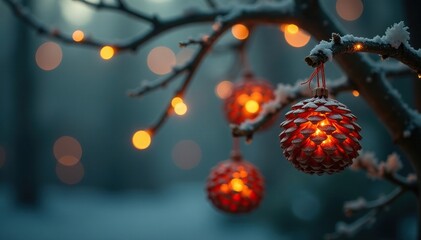 Obraz premium Pinecone lanterns on a bare tree with twinkling lights, minimalist, ethereal, ornaments