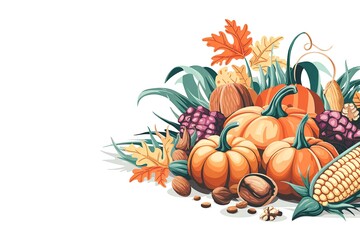 Naklejka premium Fall copyspace with decorative pumpkins, nuts and corn isolated on white