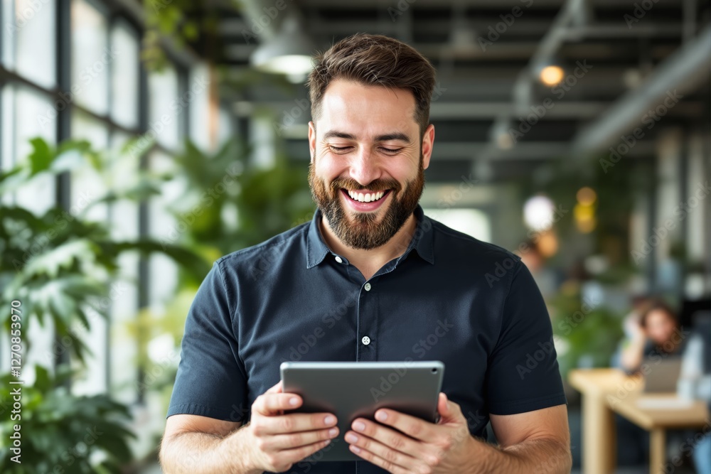 Poster smiling man holding a tablet in a bright office space with plants in the background.