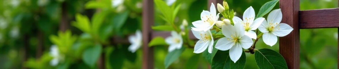 Fototapeta premium White blooms of Murraya paniculata on a wooden trellis, spring flowers, flowering bush