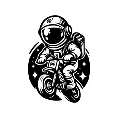 astronaut character logo design riding a motocross bike