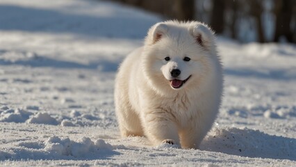 Naklejka premium A fluffy white Samoyed puppy playing in the snow.
