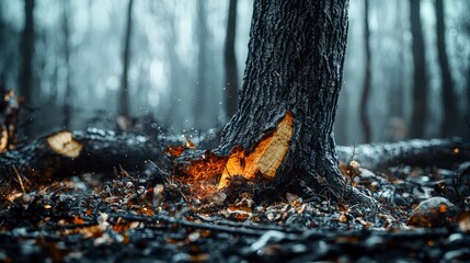 Chainsaw action on a fallen tree in dense forest closeup photography of nature's cycle