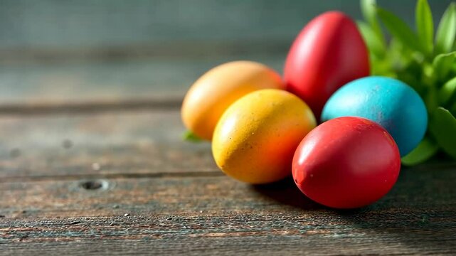 4k close up shot of colorful easter eggs on wooden table