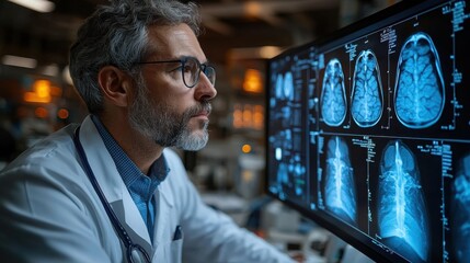 A middle-aged European male doctor in a lab coat examines x-ray images of the brain on a computer screen in a medical setting.