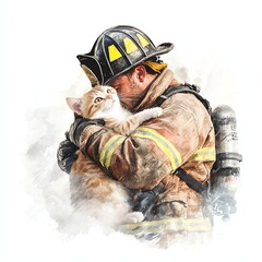 A firefighter lovingly embraces a rescued cat, showcasing compassion and bravery in a heartfelt moment of connection.