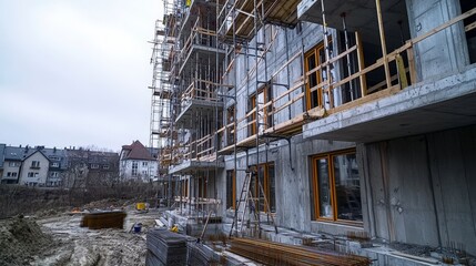 Construction progress of residential building urban area close-up photography in industrial context