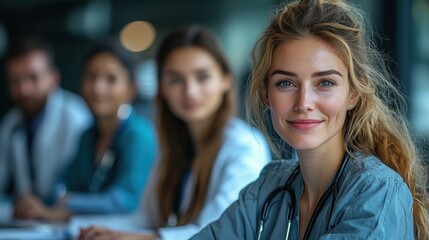 A smiling Caucasian female doctor with stethoscope looking at the camera while colleagues are blurred in the background. She has long hair and a warm smile.