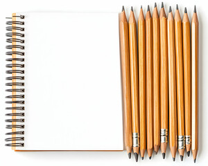Blank notebook with pencils for school projects, business reports on white table