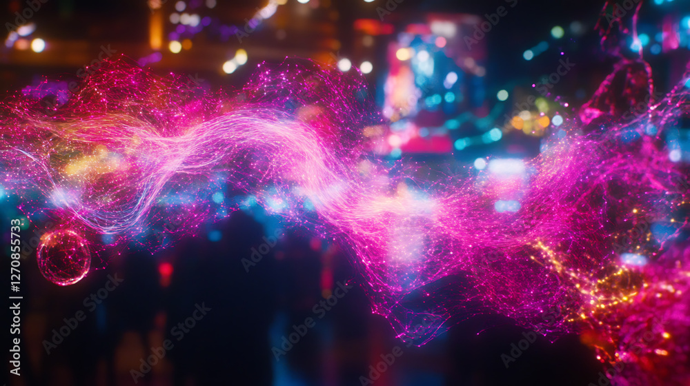 Poster vibrant network waveforms of interconnected nodes in a dynamic visual display at nighttime