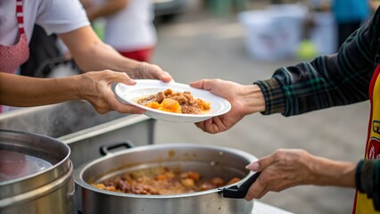 A person is serving a portion of stew or a similar hearty meal from a large pot onto a plate