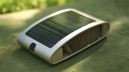 Foldable portable solar charger for mobile devices, displayed on a green backdrop, representing eco-friendly power solutions