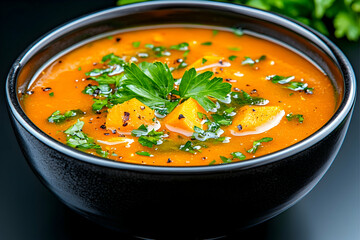 Bowl of pumpkin soup with parsley garnish on a dark background. Possible menu use
