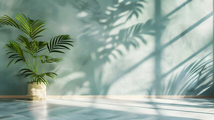 Lush green plant in a serene interior setting with soft shadows on a textured wall