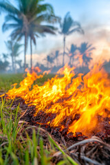Burning grass field under palm trees shows environment dangers. For awareness