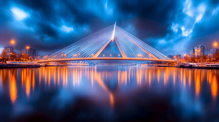 Obraz premium Cable-stayed bridge over water with city at night, reflecting light in cityscape use