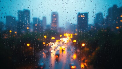 Obraz premium Rainy evening in a bustling city with blurred lights and reflections on a window showcasing urban life