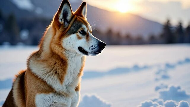 4k footage of a husky dog in the snow in the north