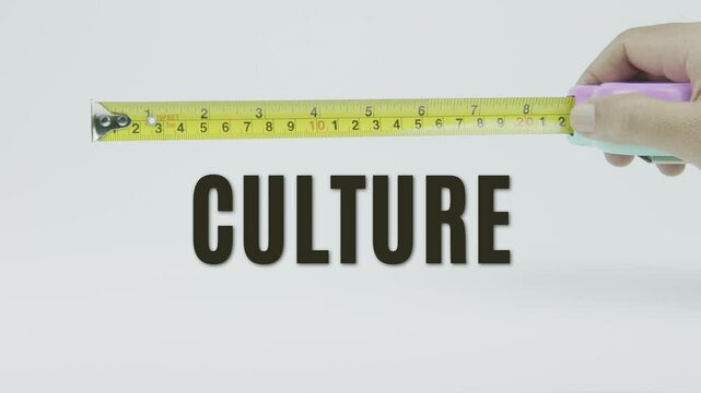 "Culture" text with a tape measure on a white background, symbolizing precision, accuracy, and the concept of societal values, identity, and norms in a clean, minimal video