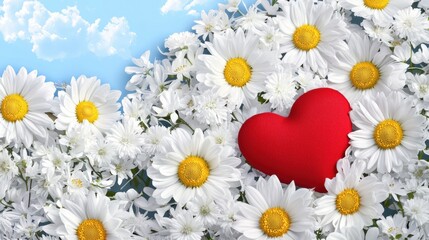 Obraz premium A vibrant arrangement of white daisies with a bright red heart, set against a blue sky, symbolizing love and nature's beauty.