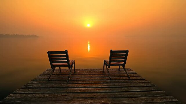 Serene sunset over a calm lake with two empty chairs on a wooden dock, evoking tranquility and reflection