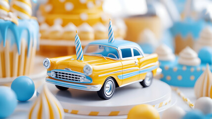 Celebration Toy Car Yellow classic toy car with candles on a cake party table
