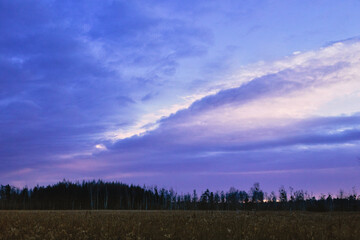 Kolorowe niebo przed wschodem słońca o świcie nad horyzontem w zalesionym terenie © KoLesfot
