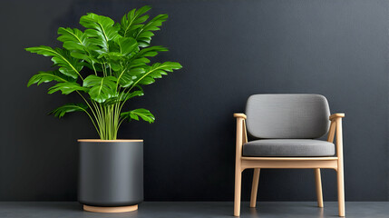 Modern Living Room With Statement Dark Gray Wall And Wooden Chair
