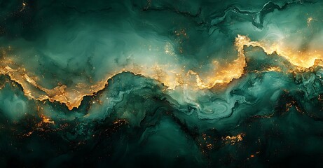 Obraz premium Abstract Swirl of Deep Teal and Emerald Green with Glowing Golden Highlights