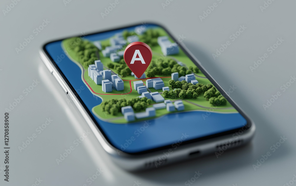 Poster Smartphone displaying map with navigation pin. Mobile phone showing city map with location marker. Navigation app on smartphone screen