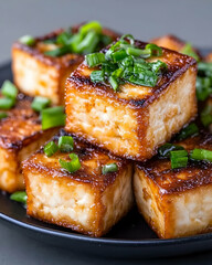 Close up of fried tofu cubes on plate, topped with green onion. Food blog usage