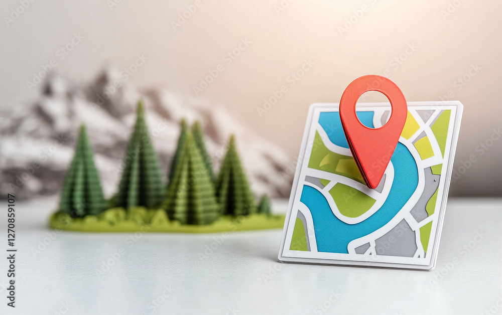 Poster Map with Pin on Location Map. Location map with red pin over the map showing the location with trees and mountains in the background