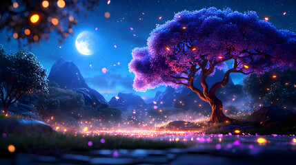 Mystical Moonlit Forest With Glowing Trees And Pink Flowers