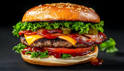 Close-up of a delicious burger with bacon and salad on dark background, advertisement