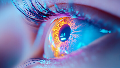 Close-up of a human eye with vibrant colors, bright hues, and a glowing effect